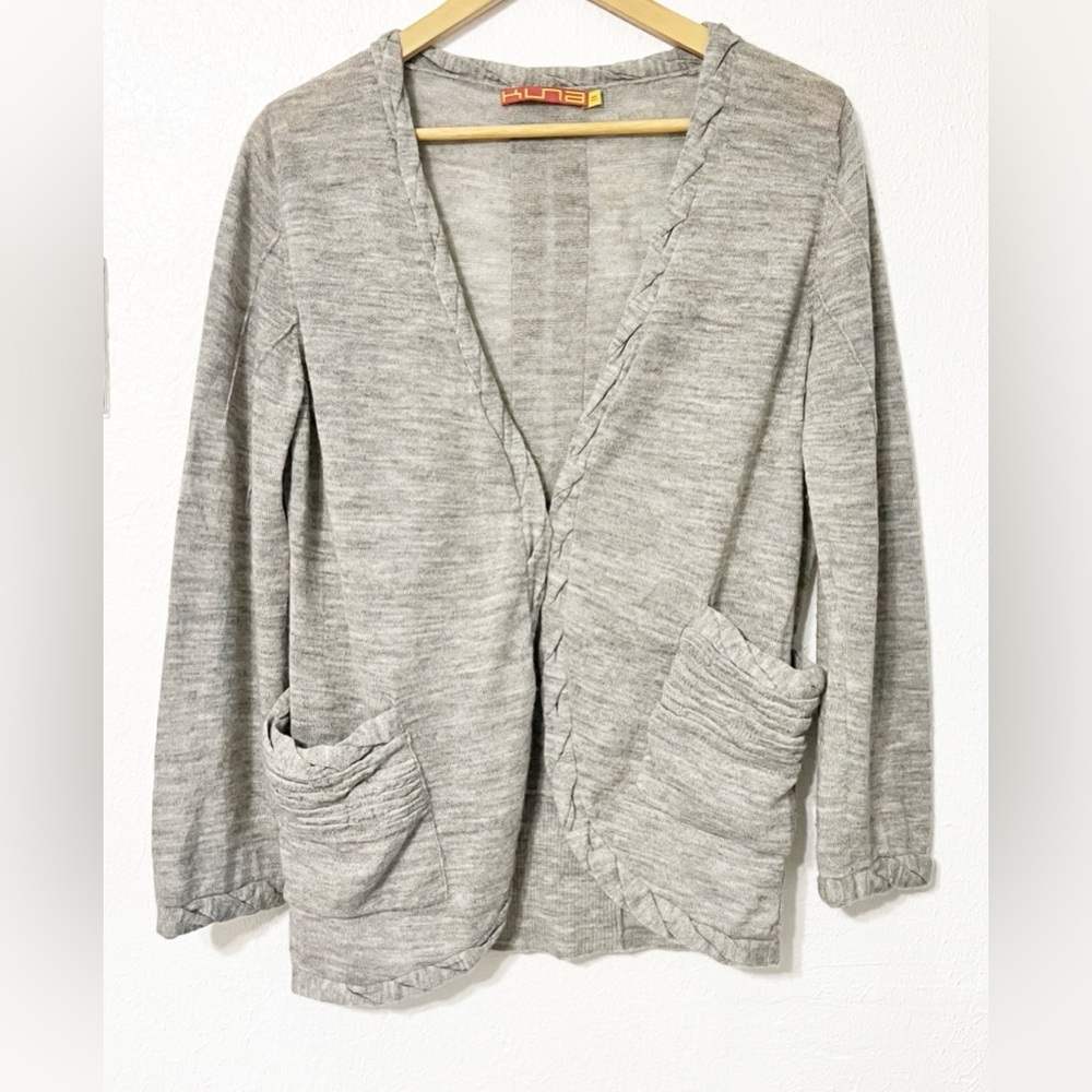 Kuna Baby Alpaca Gray Cardigan Sweater with Ribbed Cuffs Hem Pockets Back Slit